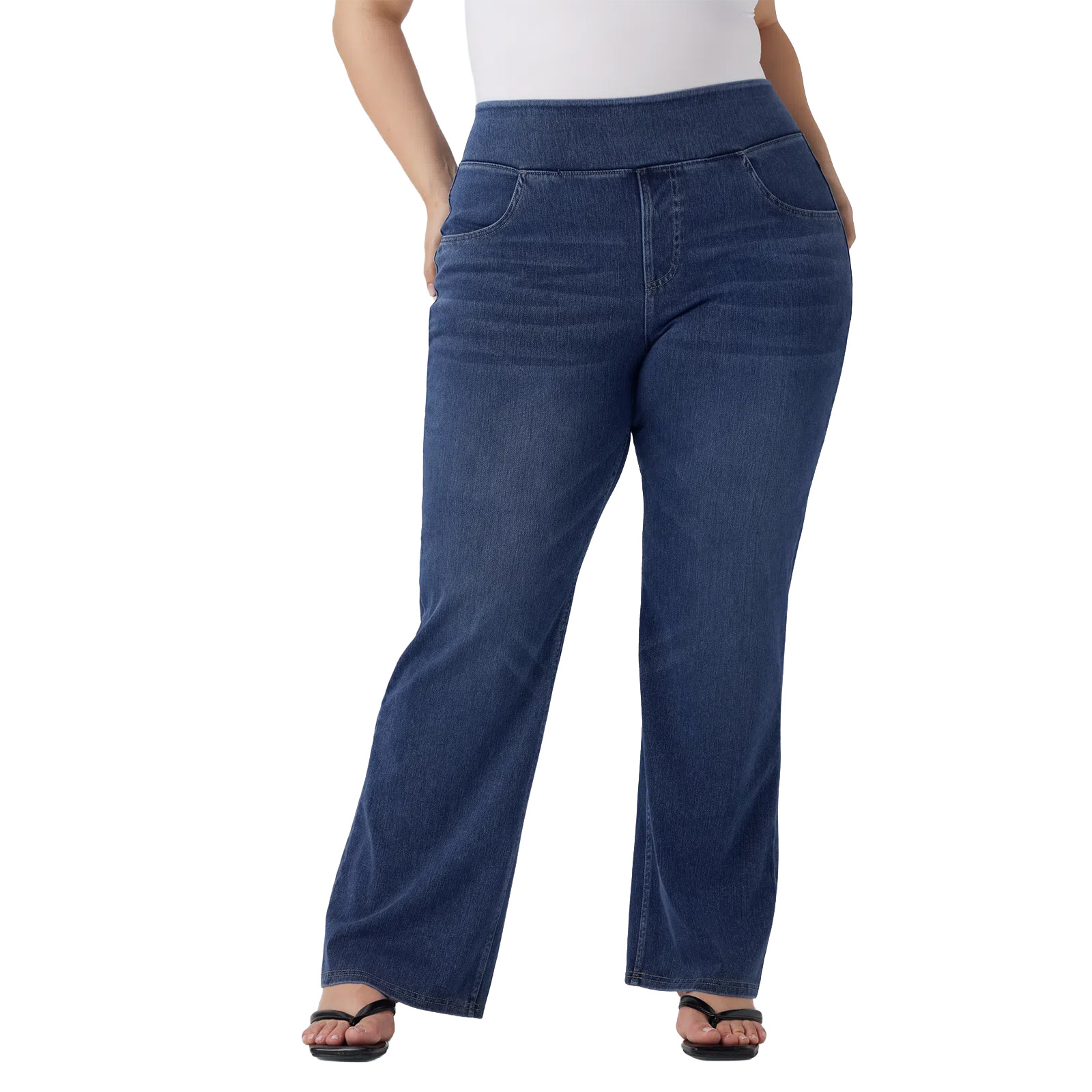 High Waisted Pockets Washed Denim Casual Bootcut Plus Size Women Straight Jeans
