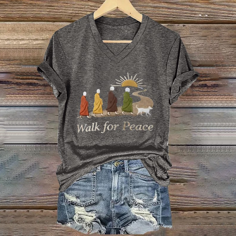 Retro Peace Monk Aloka Dog Print V-neck T-shirt