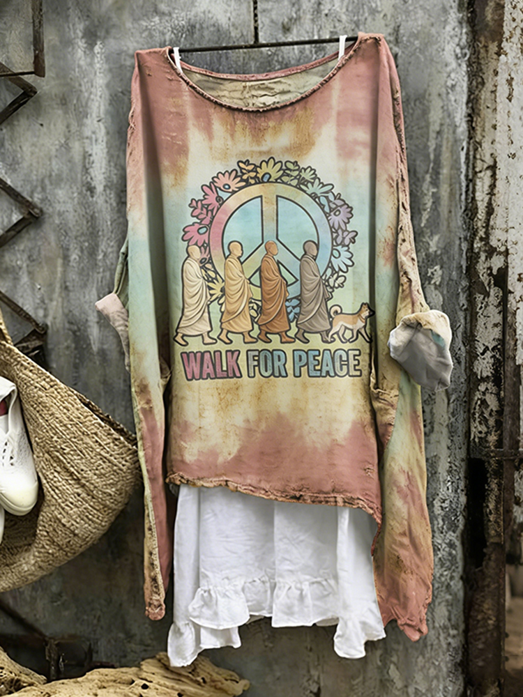 Walk For Peace Aloka Dog In Hippie Tie Dye Art Linen Tunic