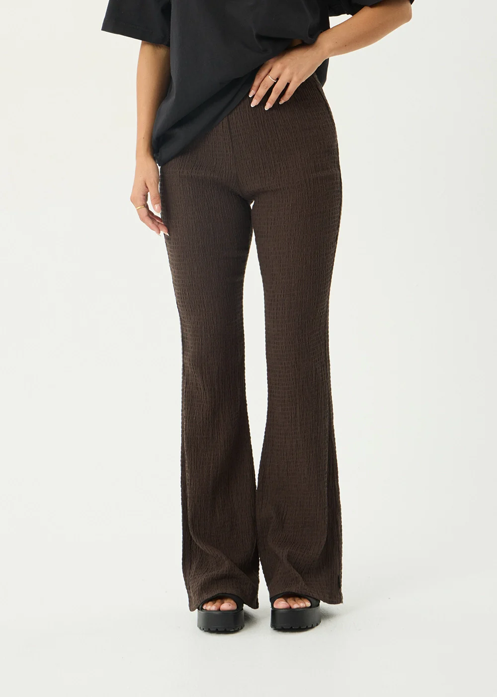 AFENDS Womens Focus - Seersucker Flare Pant - Coffee