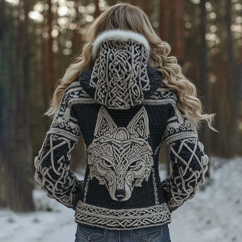Women's Viking Wolf Celtic Knot Art Cozy Fur Collar Knit Hooded Sweater Jacket