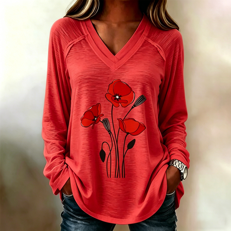 Women's Memorial Day Poppy Art Printed T-Shirt