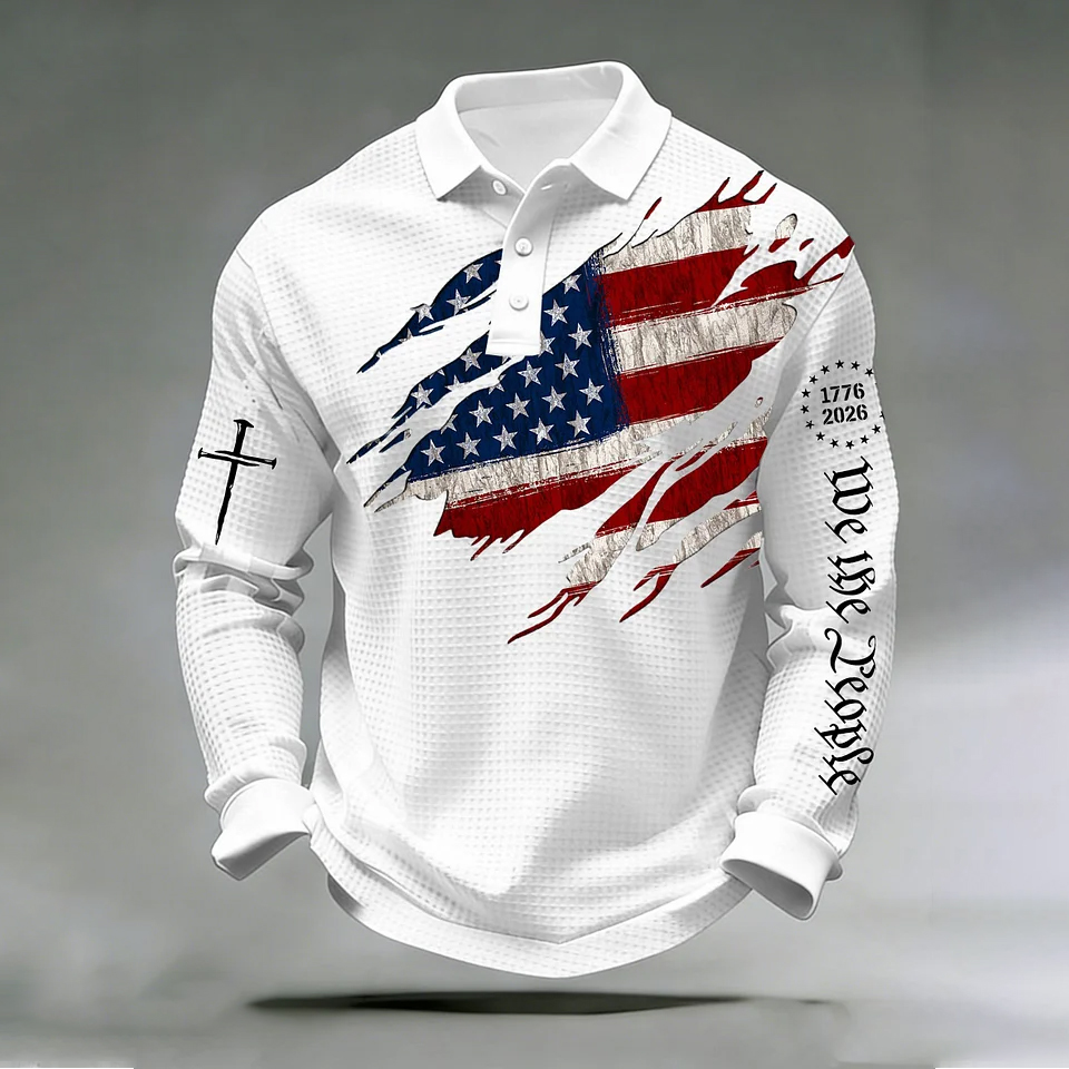 Men's 250th Anniversary National Flag Print Casual Waffle Fabric Polo Shirt