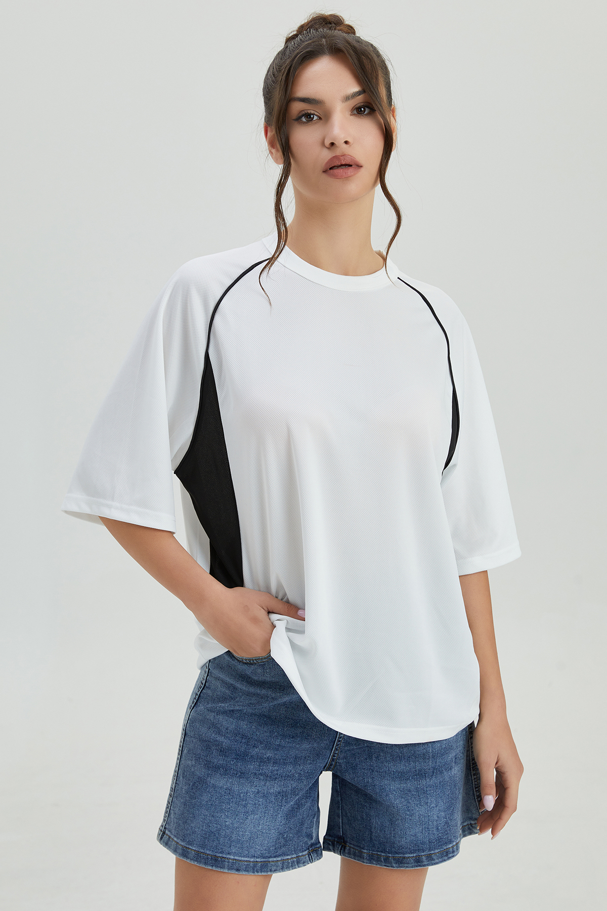 KatchMe Athleisure Breathable Contrast Stripe Round Neck Short Sleeve Top