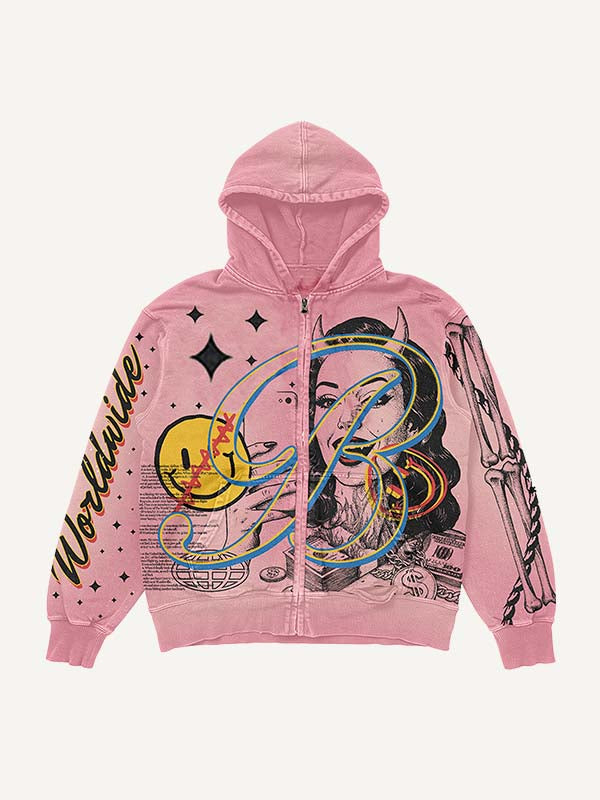 Smiley Face&Demon&Graphic&Letter Print Zip Up Hooded Coat