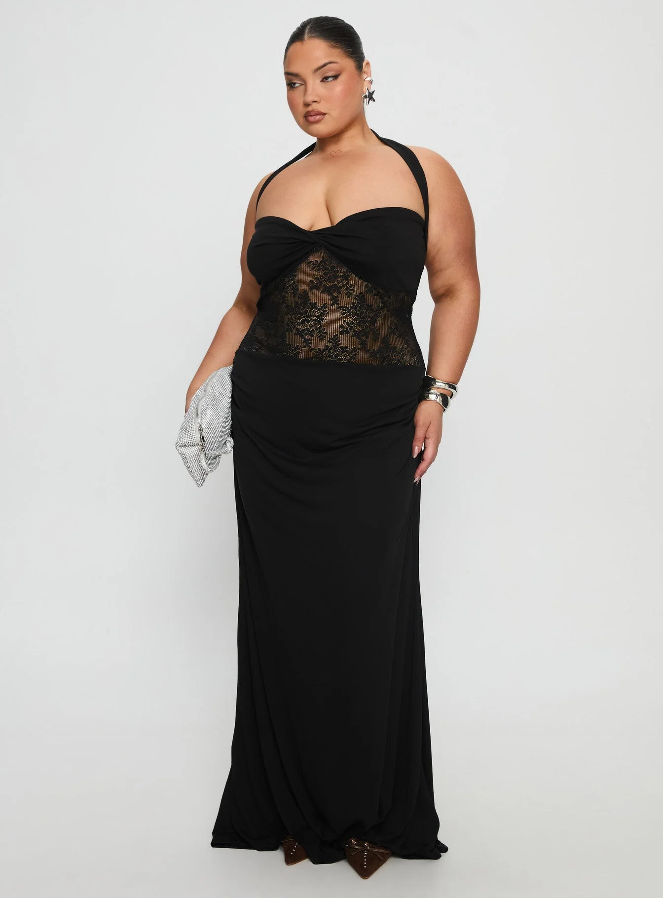 Adalyne Lace Halter Maxi Dress Black Curve