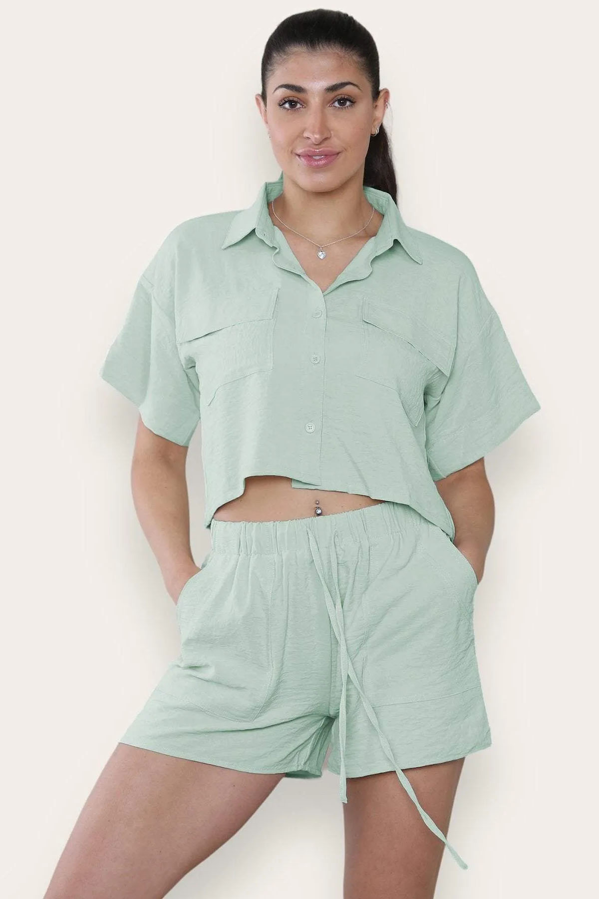 Versatile Solid Collared Flap Pocket Short Sleeve Shirt & Drawstring Waist Shorts Co-ord