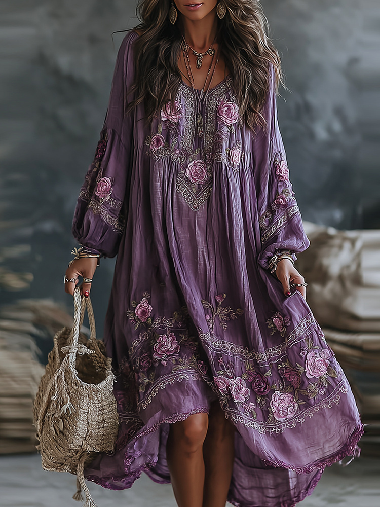 Women's Floral Art Flowy Linen Blend Casual Long Sleeve Maxi Dress
