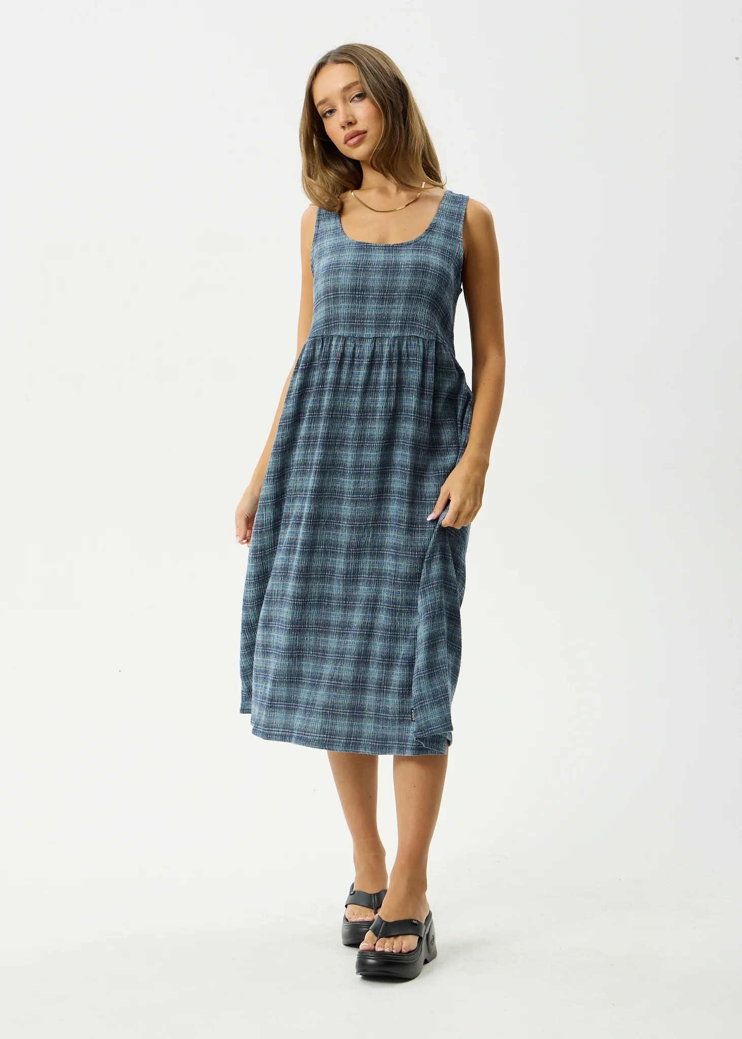 AFENDS Womens Position - Seersucker Midi Dress - Navy Check