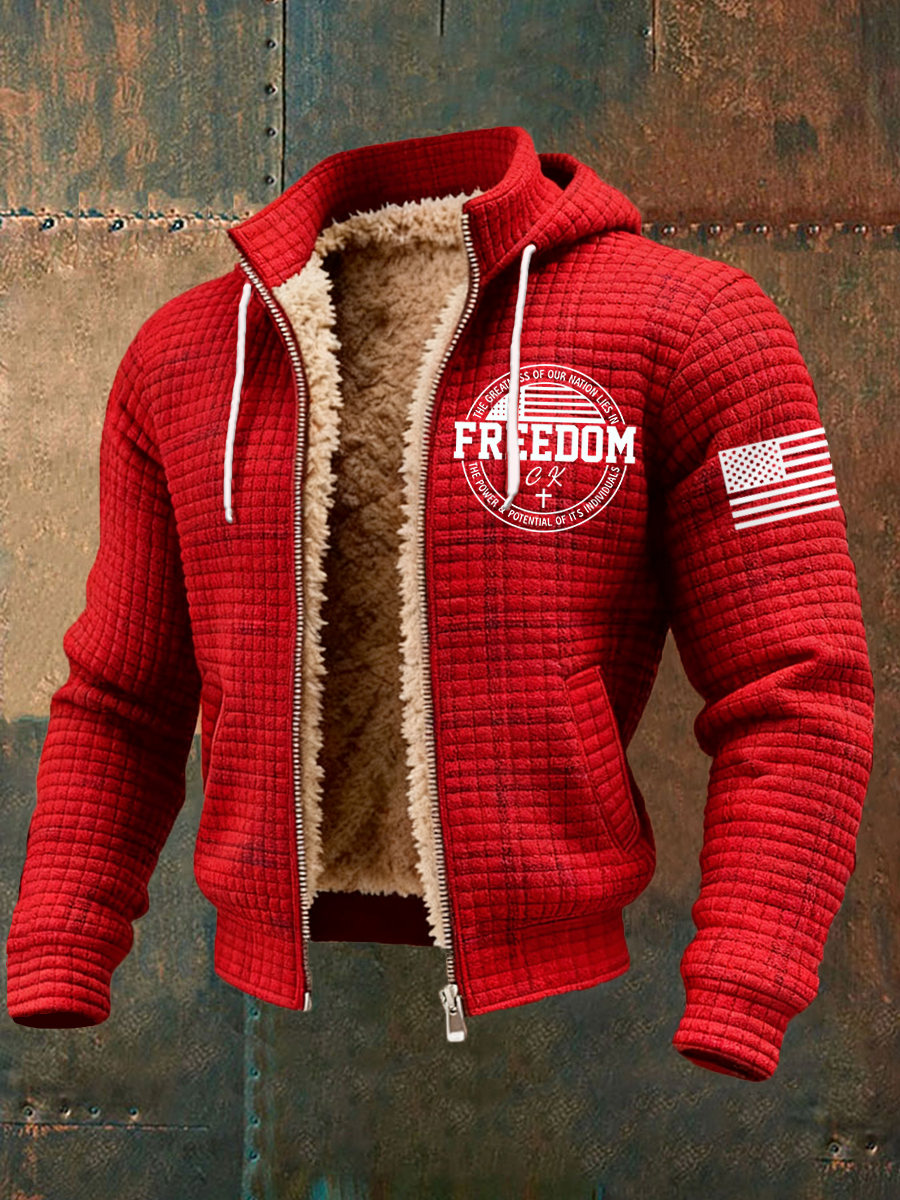 Men's Freedom  Flag Print Plush Zipper Hooded Jacket