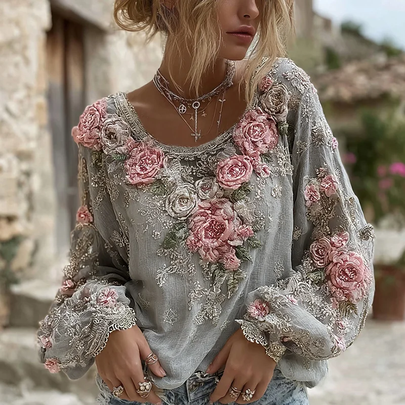 Women's Pink Rose Embroidery Art Round Neck Long Sleeve Linen Blend T-shirt