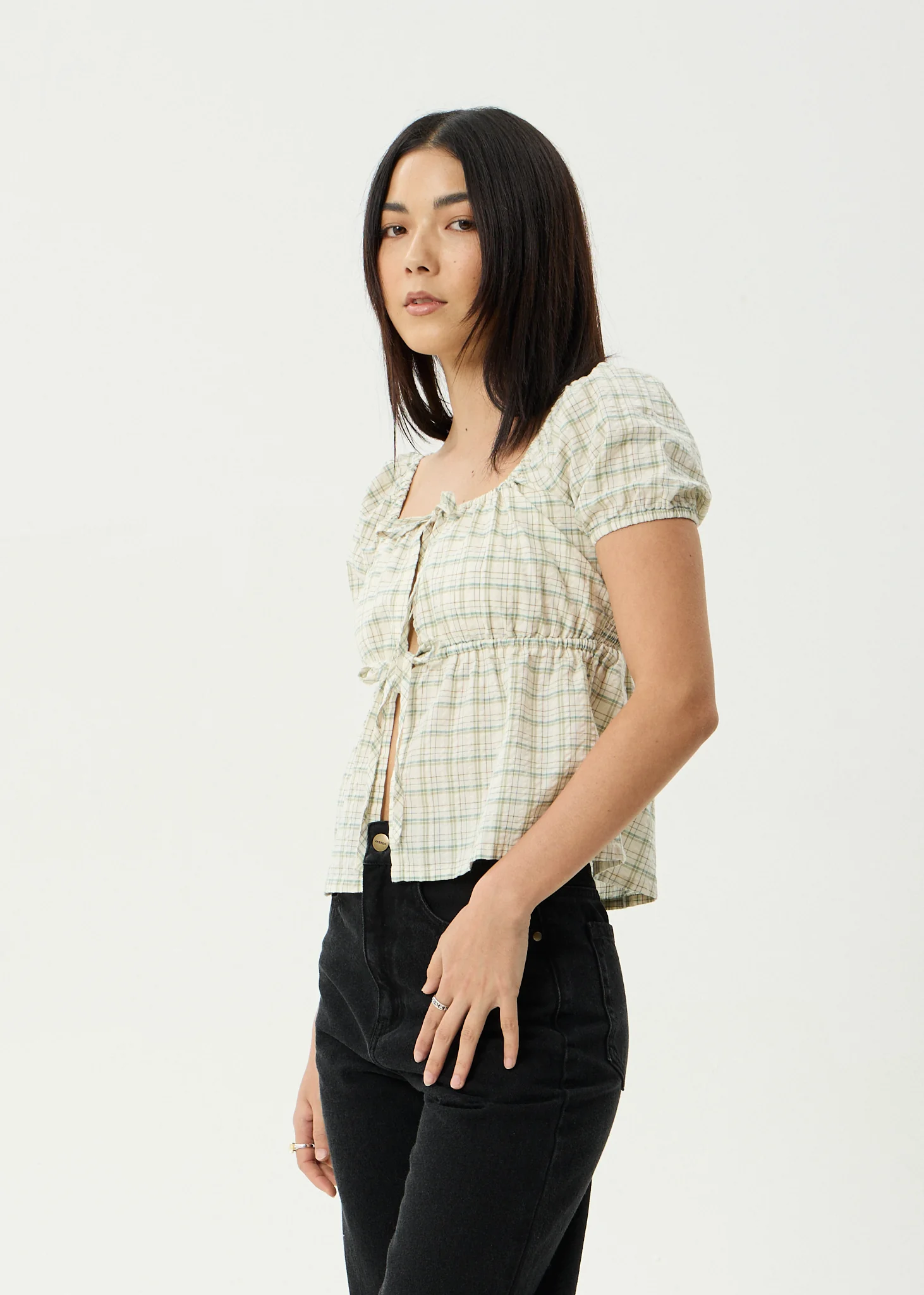 AFENDS Womens Legacy - Seersucker Tie Front Top - Boa Check