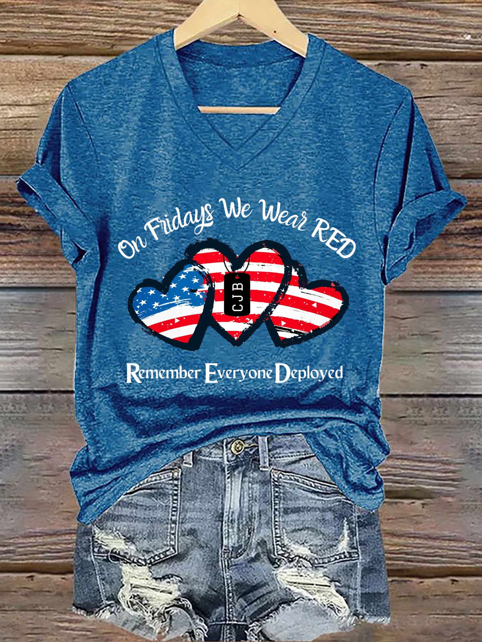 Women's On Fridays We Wear RED Print V Neck T-shirt