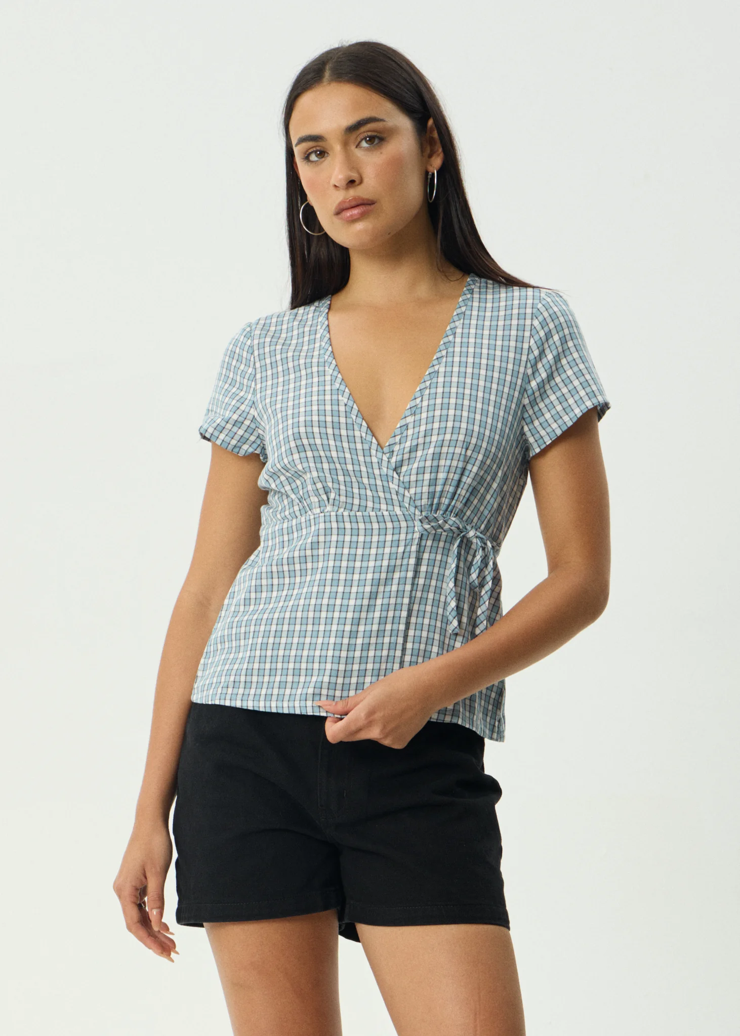 AFENDS Womens Evans - Check Wrap Top - Overcast Check