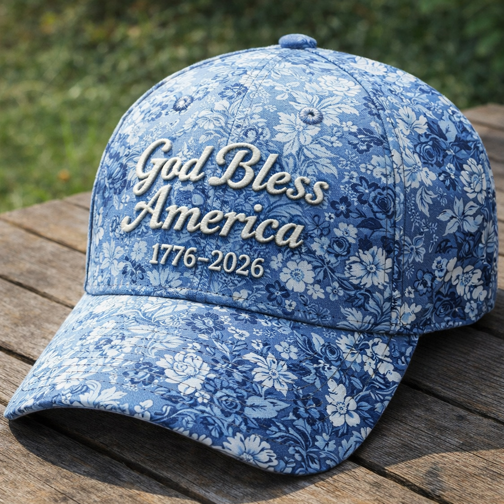 God Bless America 1776–2026 Floral Patriotic Baseball Cap – 250th Anniversary Embroidered Hat