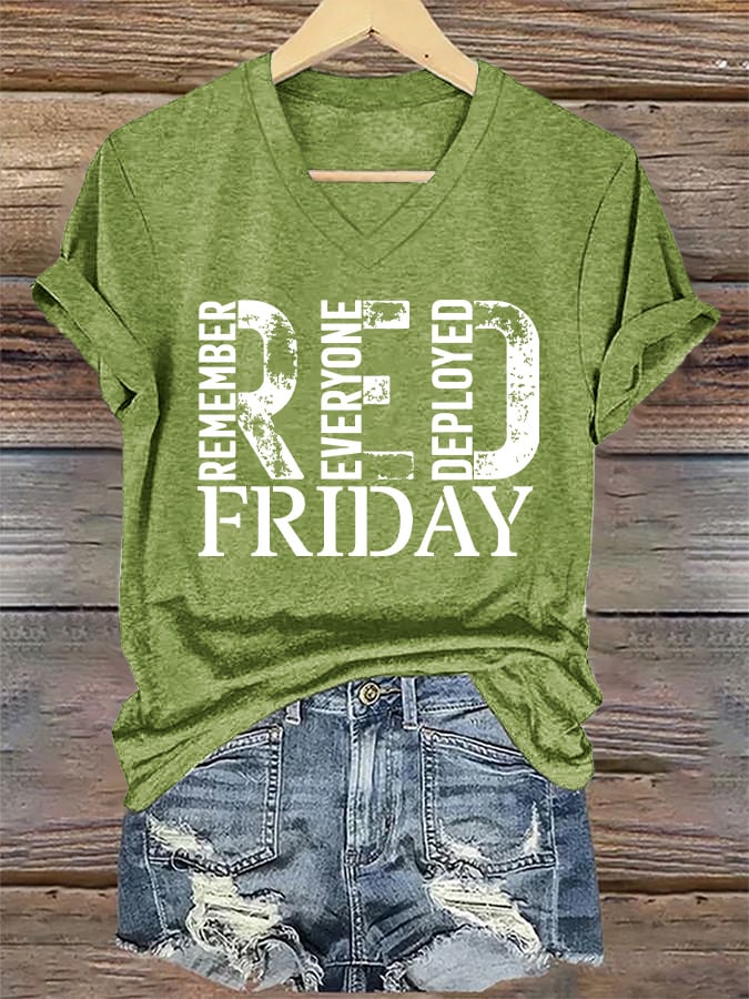 Women's On Fridays We Wear RED Remember Everyone Deployed Print V Neck T-shirt
