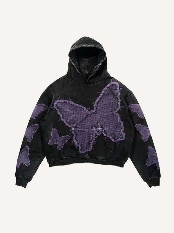 Butterfly Faux Decal Print Slant Pockets Hoodie