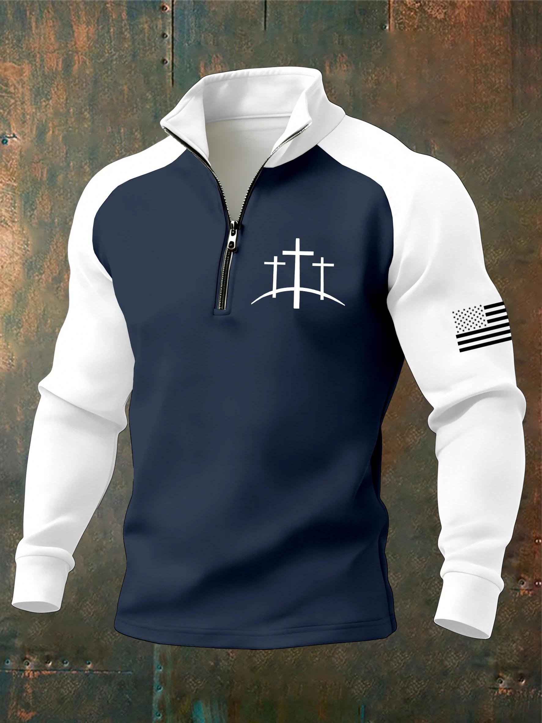 Men's Faith Cross Print Zipper Neck Sweatshirt