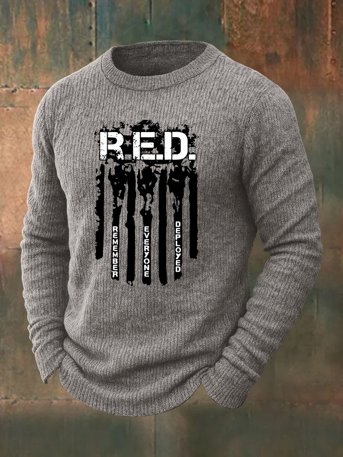 Men's  RED Friday Remember Everyone Deployed  Pattern  Wool Blend Classic Crew Neck Sweater