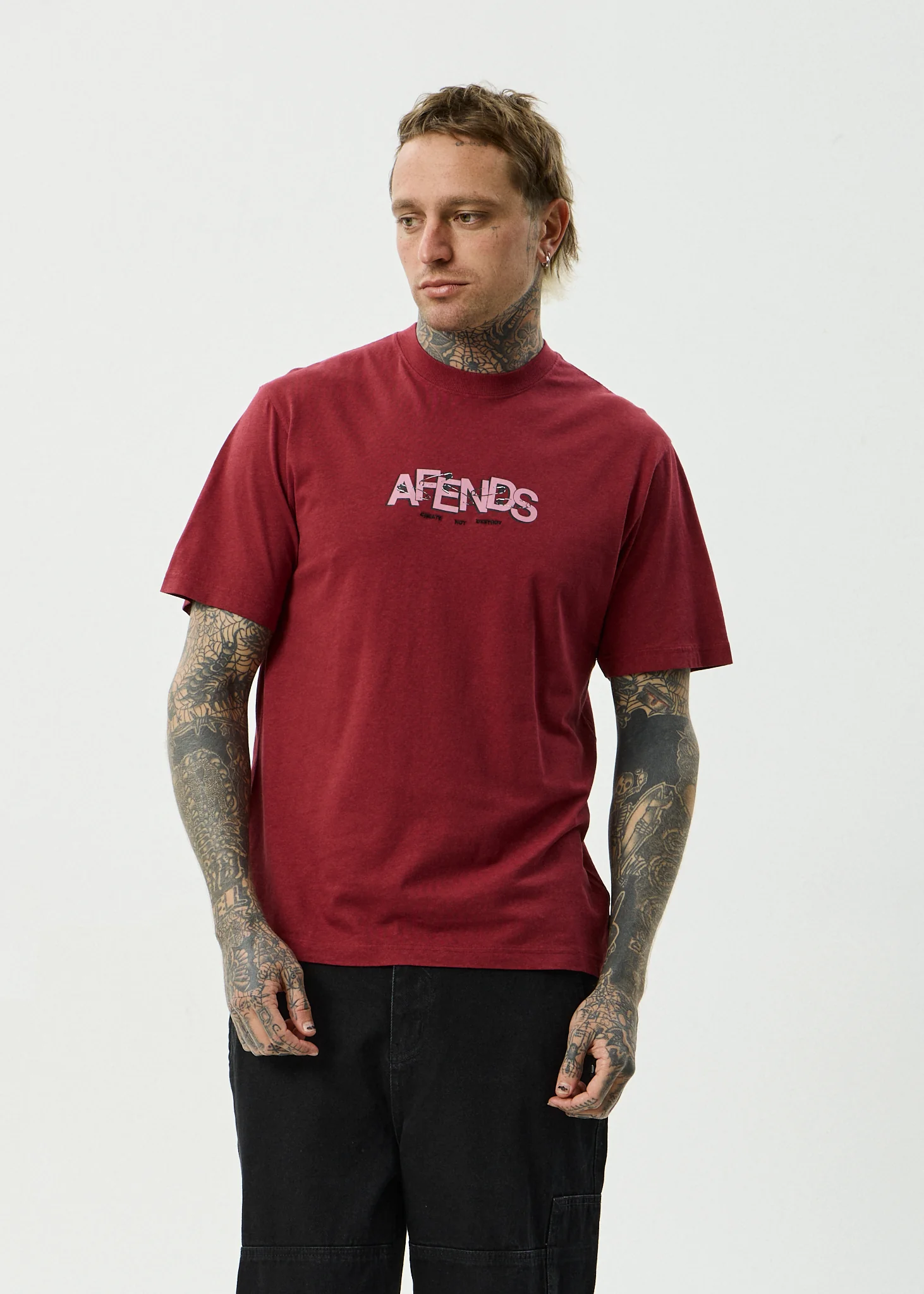 AFENDS Mens Safety - Retro Tee - Washed Burgundy