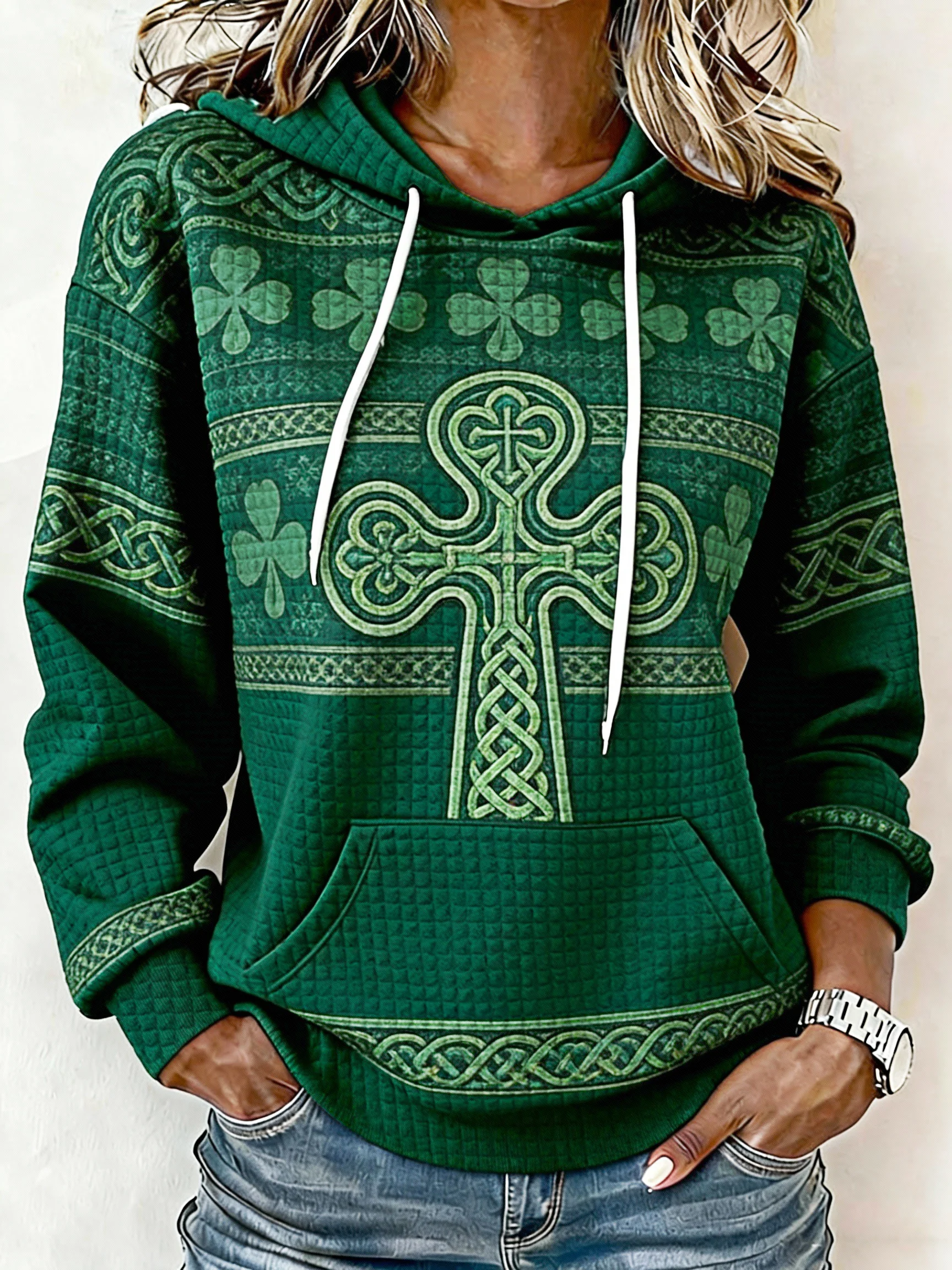 Women's St. Patrick's Day Printed Waffle Knit Hoodie-Fast Shipping