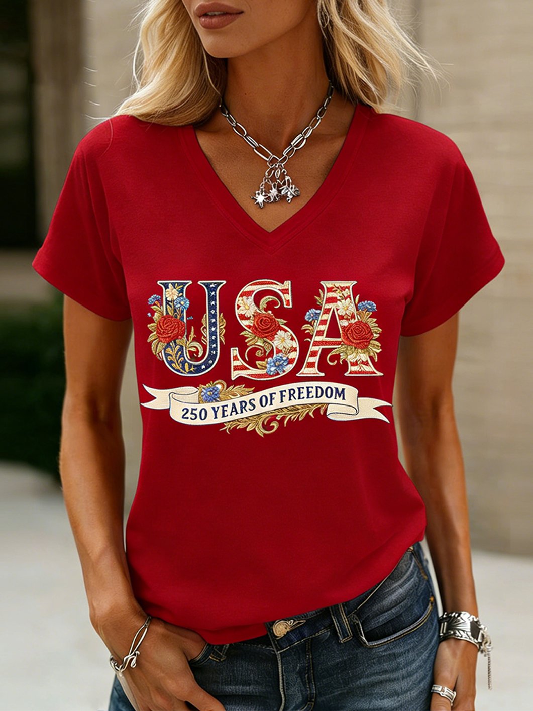 Women's 250th Anniversary Of The United States Printed V-Neck Top