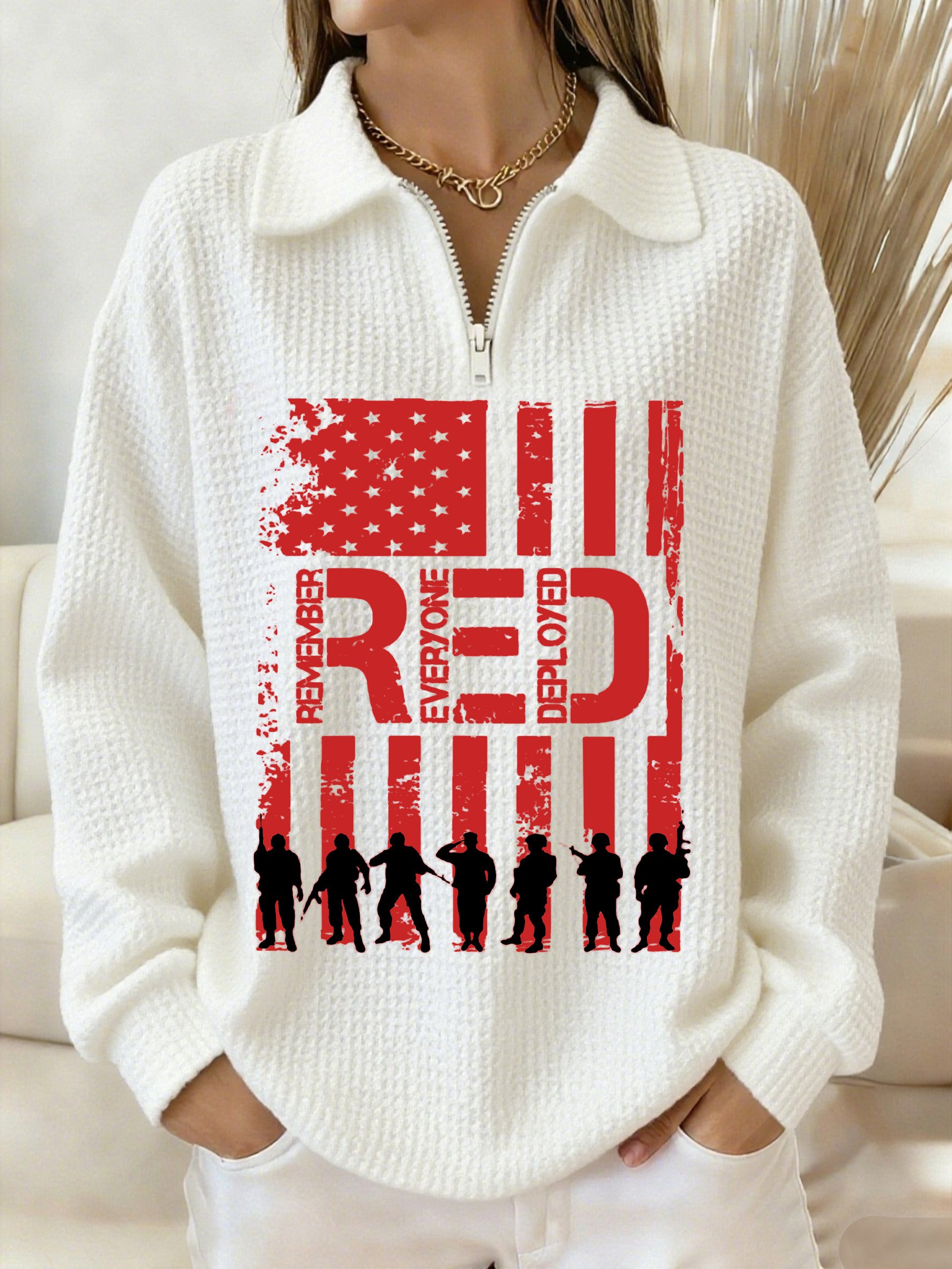 Women's Friday Let's Wear Red Remember All Veterans Print Waffle Lapel Top