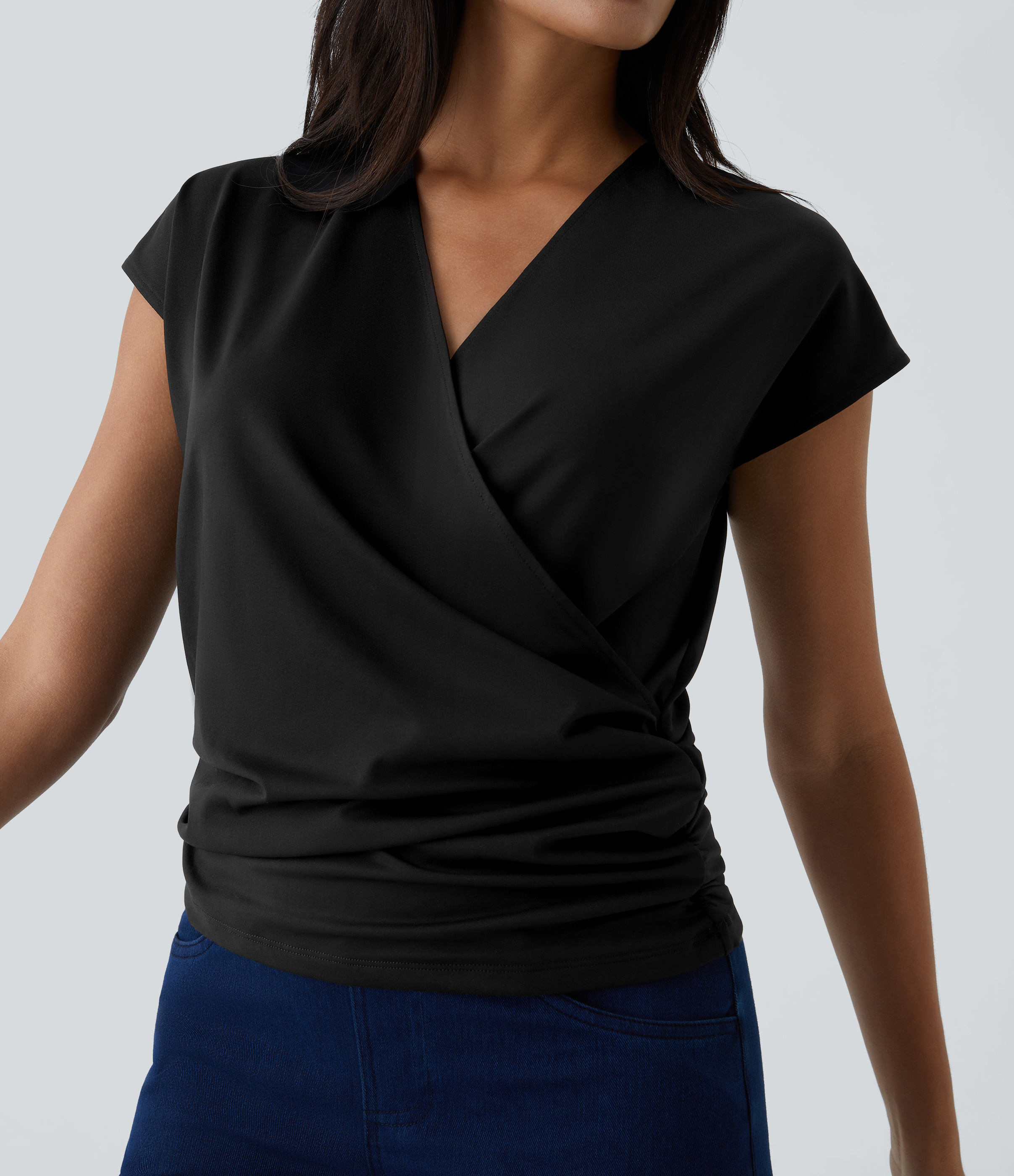 V Neck Cap Sleeve Crossover Ruched Solid Work Blouse