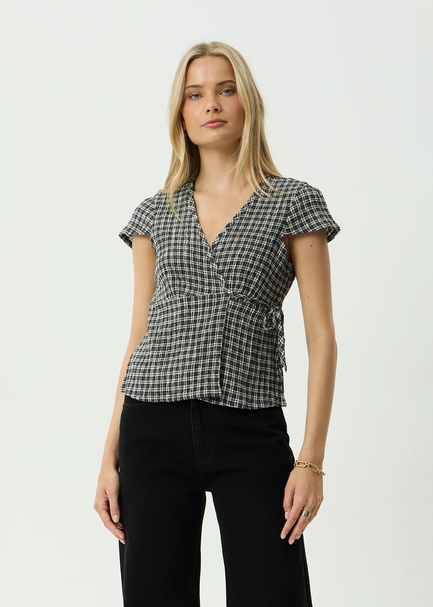 AFENDS Womens Loula - Seersucker Wrap Top - Steel Check