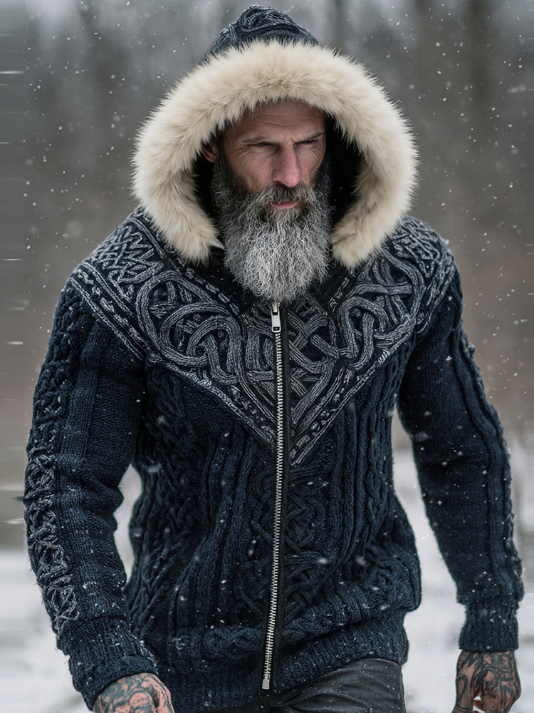 Men's Viking Celtic With Tree Of Life Art Cozy Fur Collar Knit Hooded Sweater Jacket