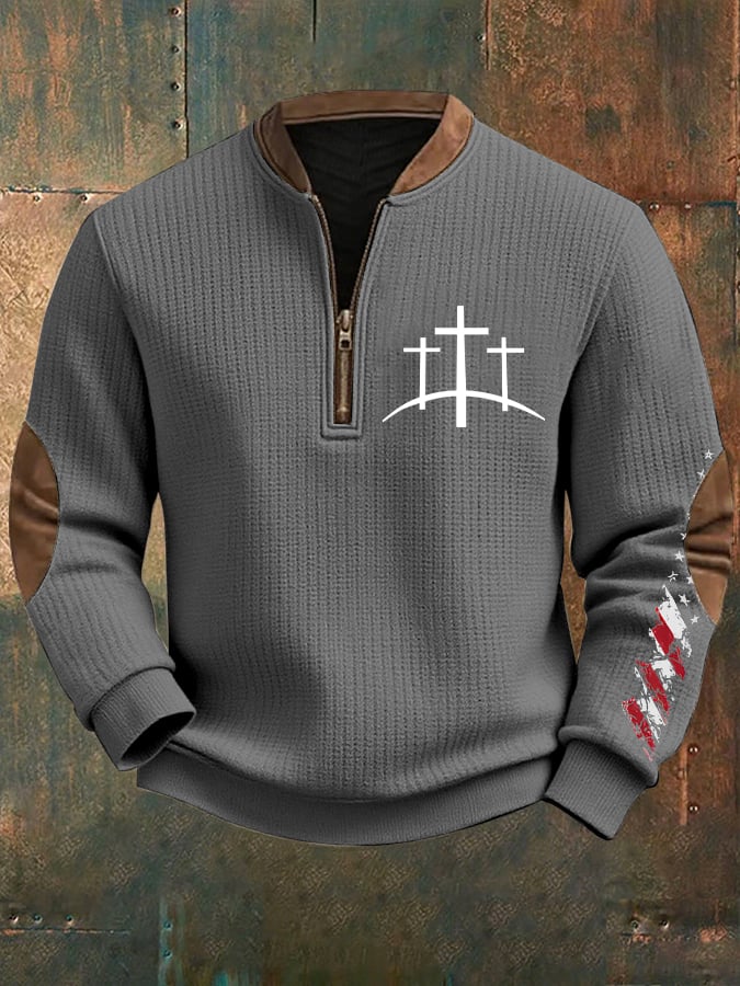 Men's Retro Faith Design Printed Zip Knit Sweatshirt