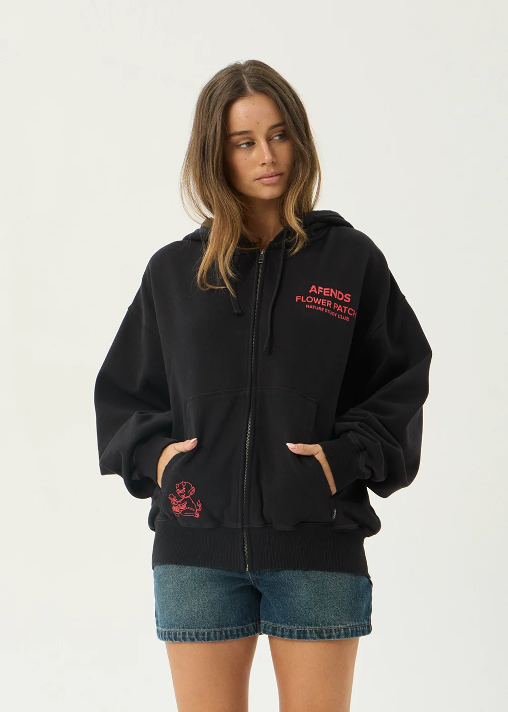 AFENDS Mens Flower Patch - Boxy Zip Hood - Stone Black