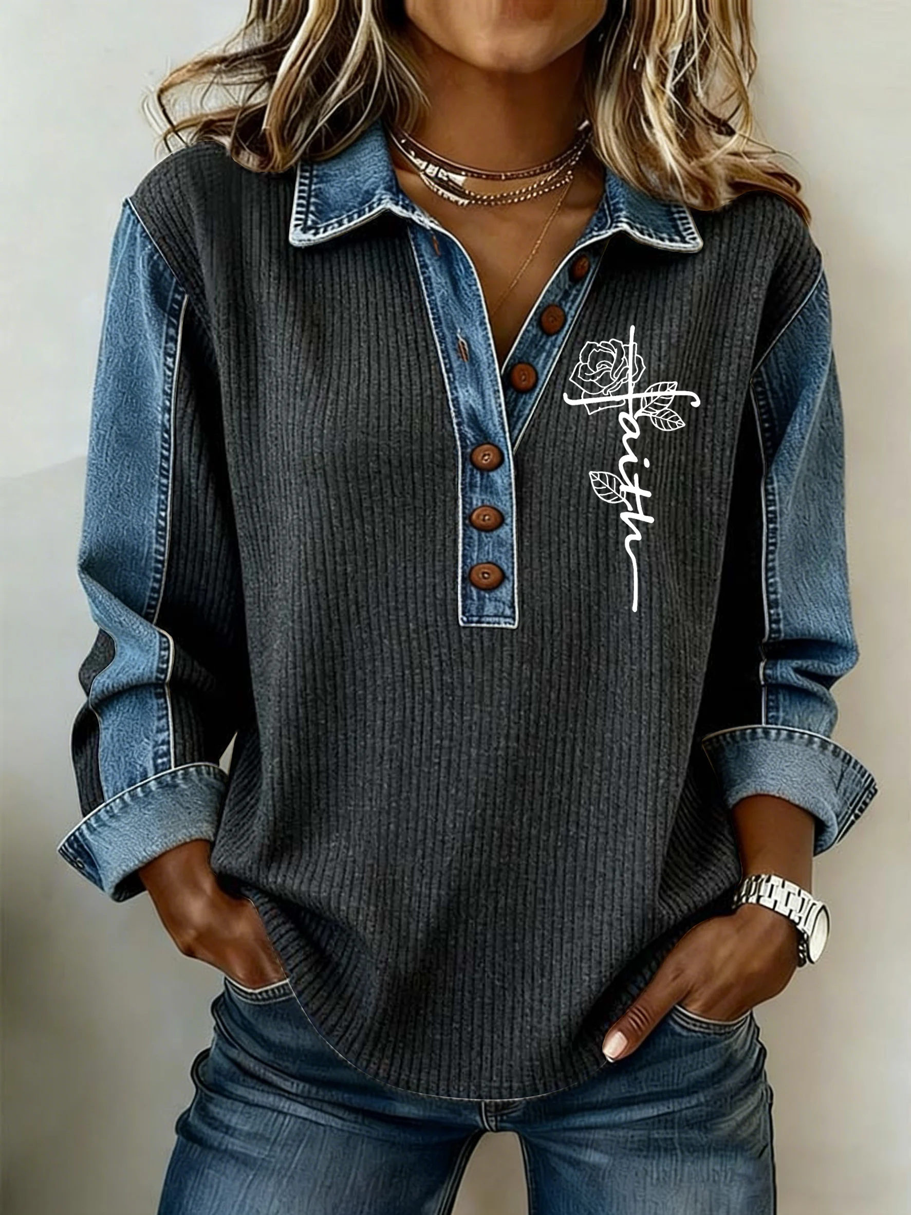 Women's Faith Printed Collar Button-Down Knit Top-Fast Shipping