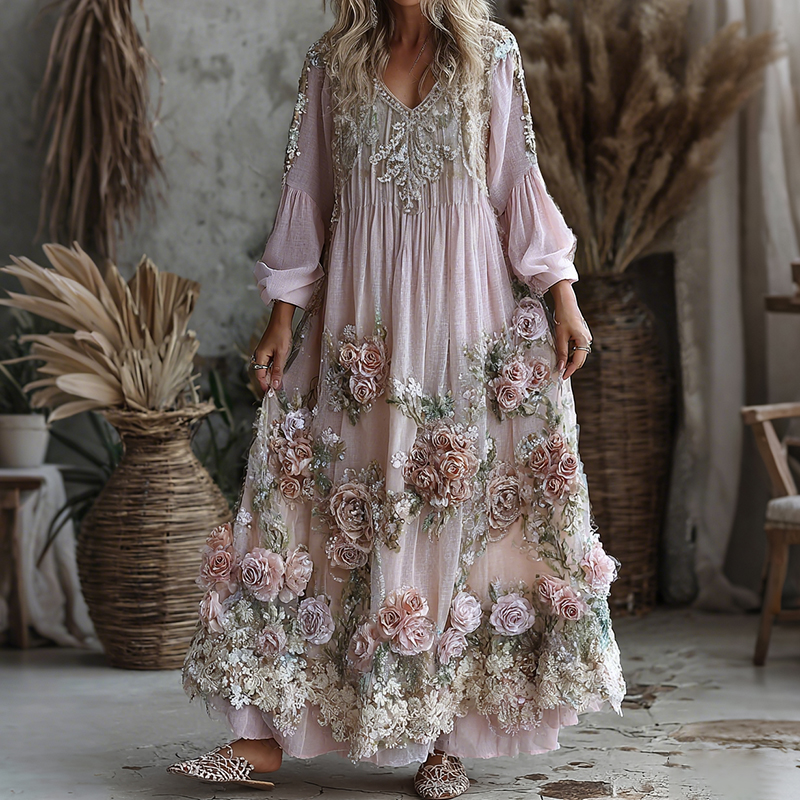 Women's Retro Floral Art Flowy Linen Blend Casual Long Sleeve Maxi Dress