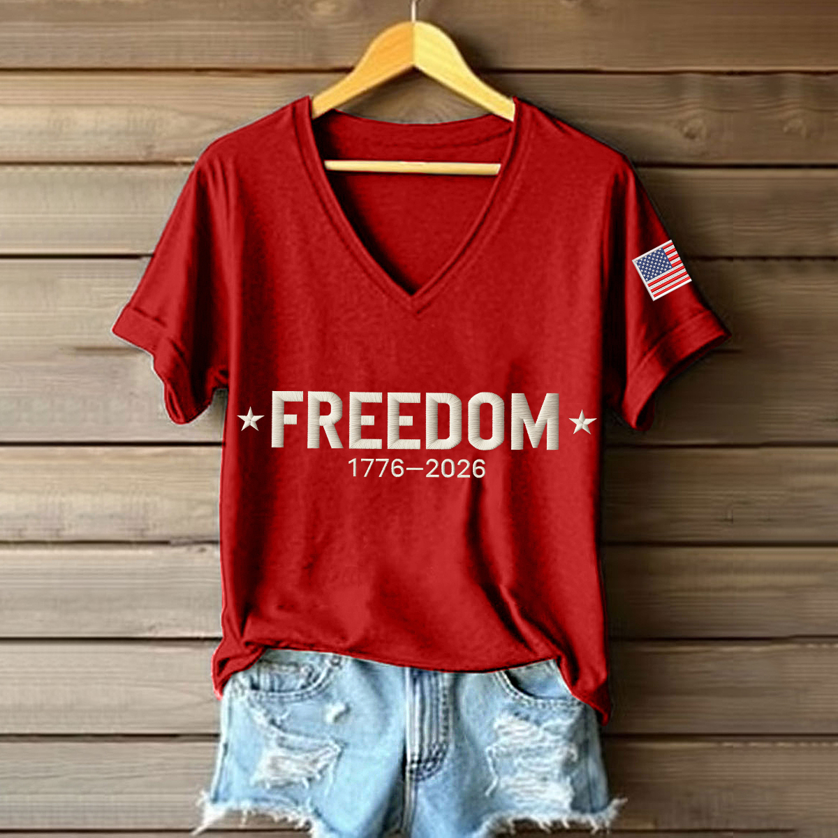 Women's 1776-2026Freedom 1776–2026 Embroidered Pattern V-Neck T-Shirt