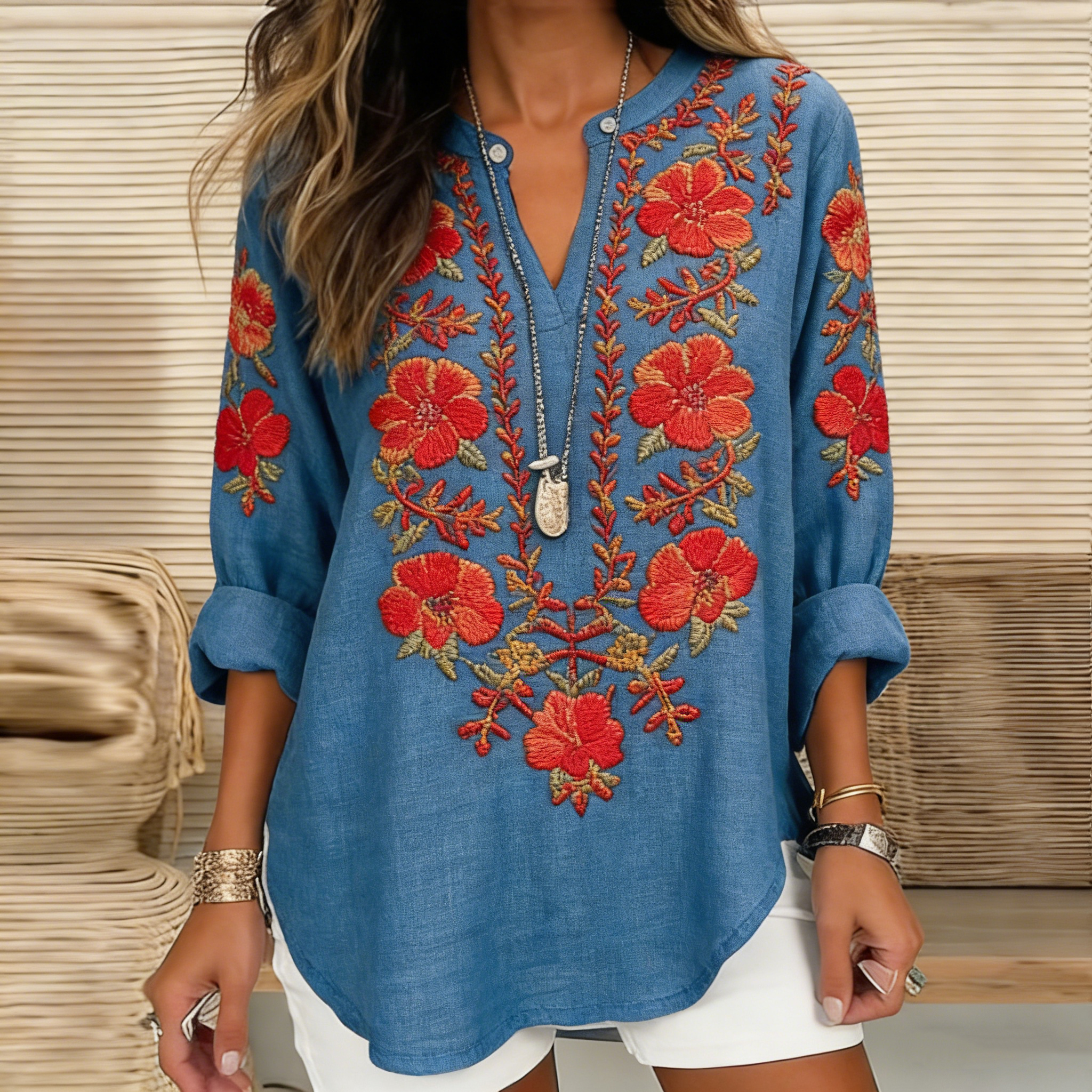 Women's Vintage Hibiscus Embroidered Linen V-neck Shirt