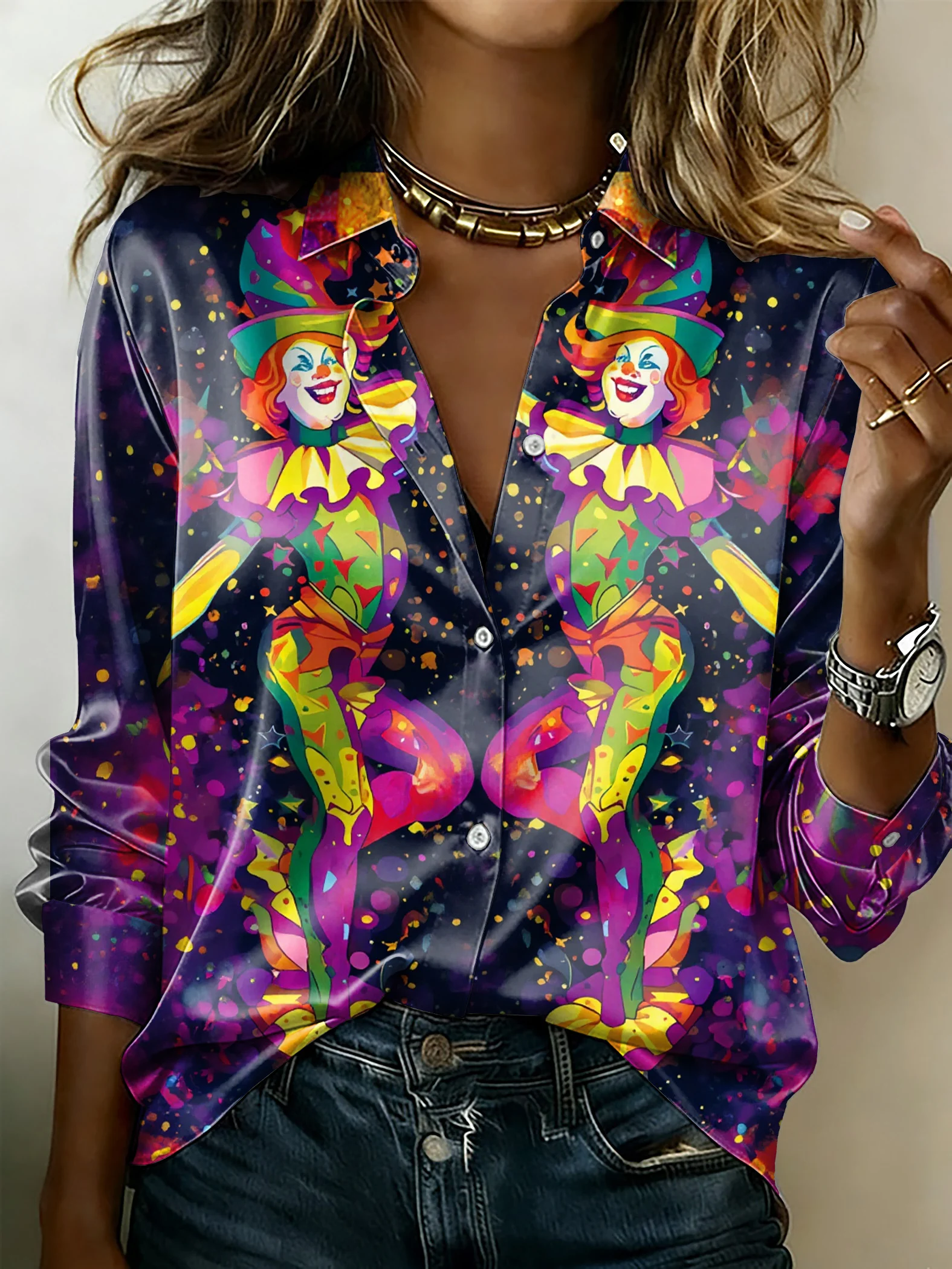 Women'S Casual Mardi Gras Print Shirt