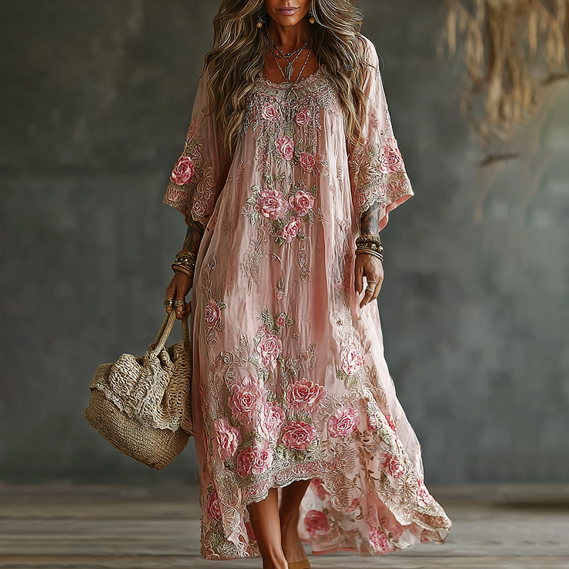 Women's Floral Art Flowy Linen Blend Casual Long Sleeve Maxi Dress