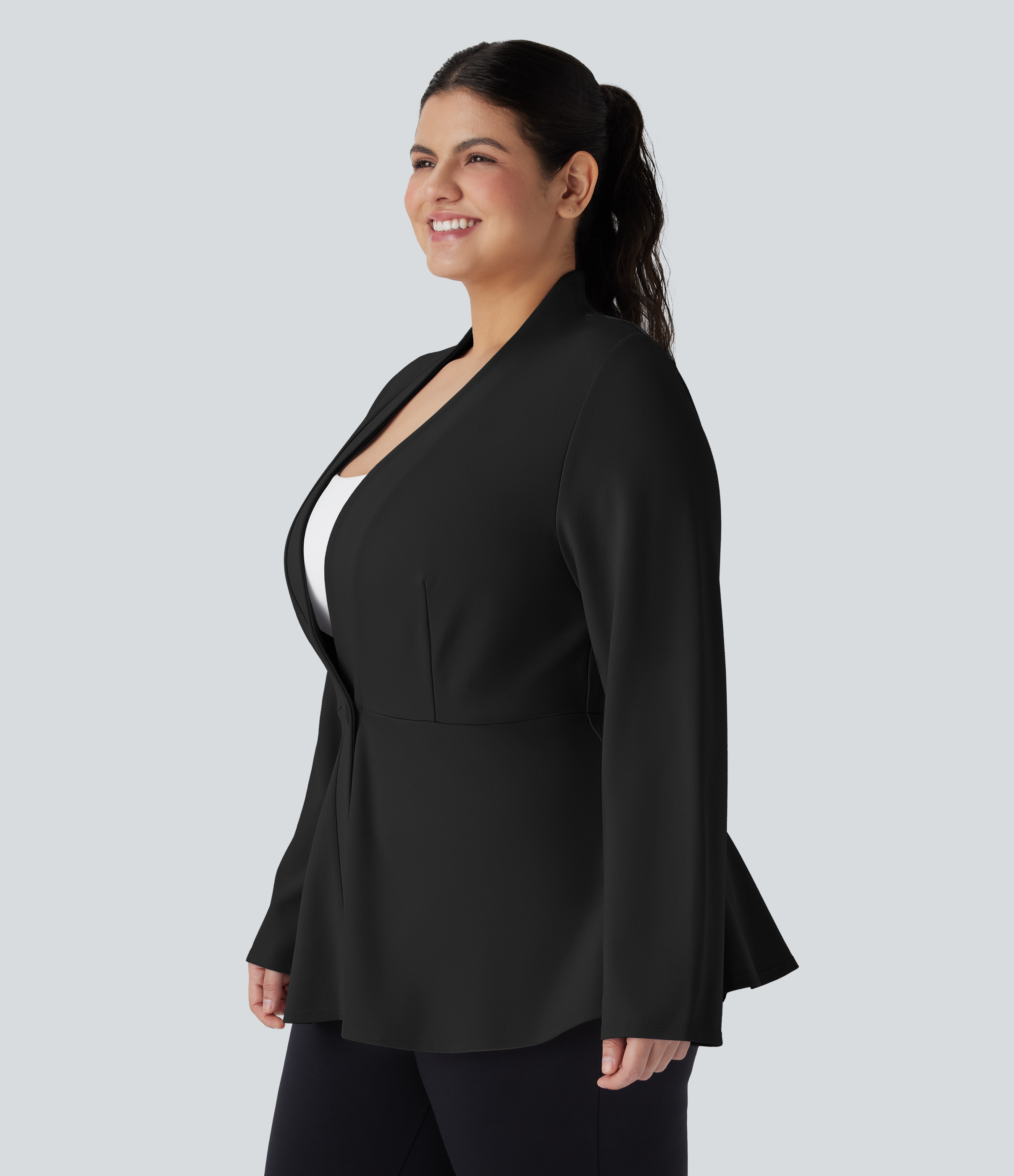 Plus Size V Neck Long Sleeve Single Front Work Peplum Jacket