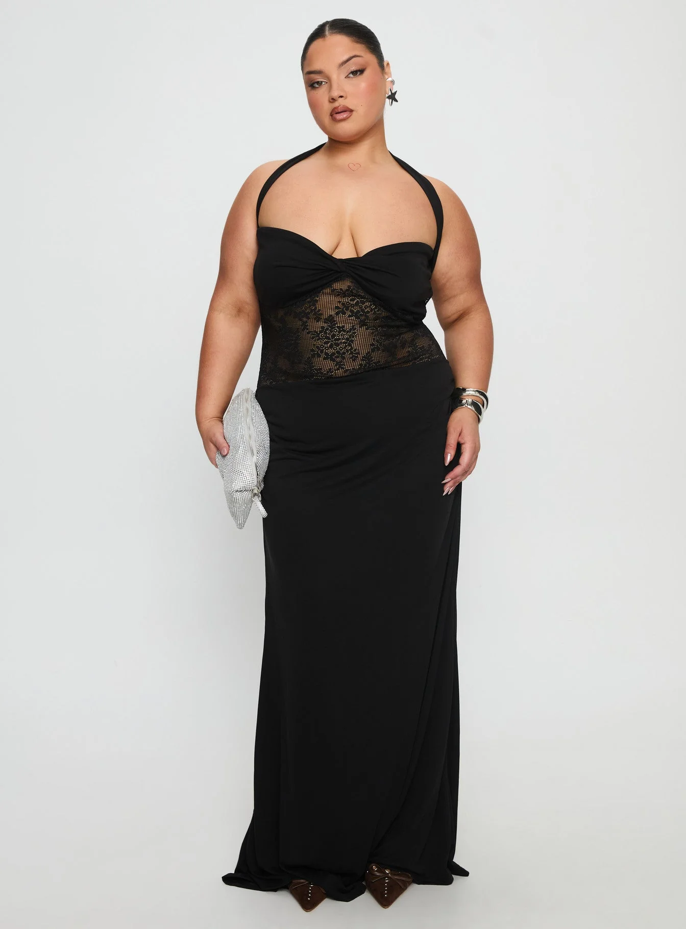 Adalyne Lace Halter Maxi Dress Black Curve