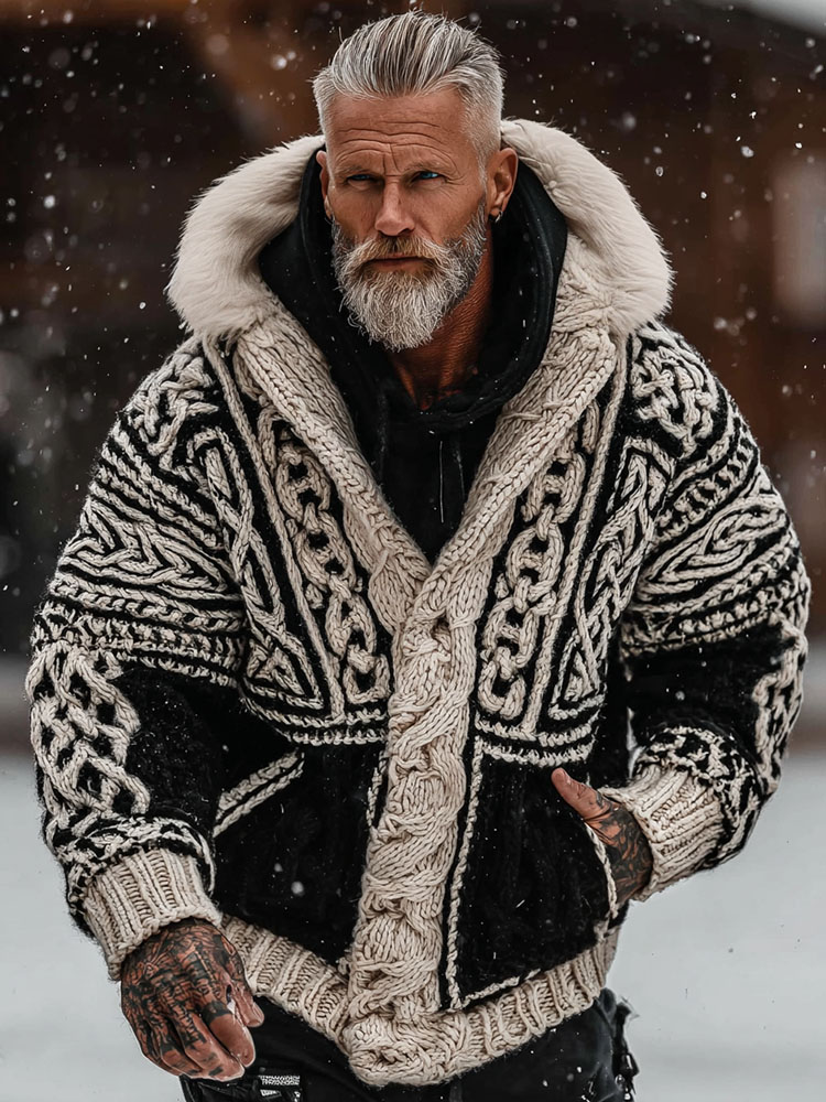 Men's Viking Celtic Knot Art Cozy Fur Collar Knit Hooded Sweater Jacket
