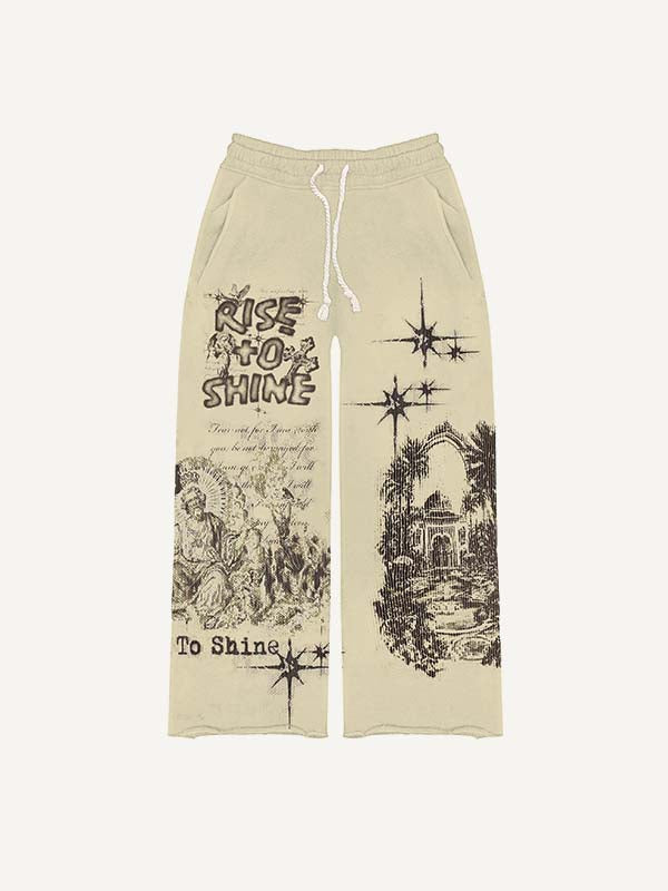 Figure&Cross&Letter&Pigeon Print Elastic Waist Pants