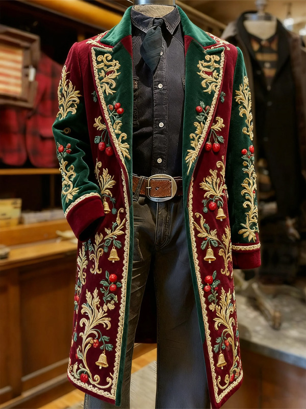 Men's Christmas Bells Holly Leaves Print Corduroy Trench Coat