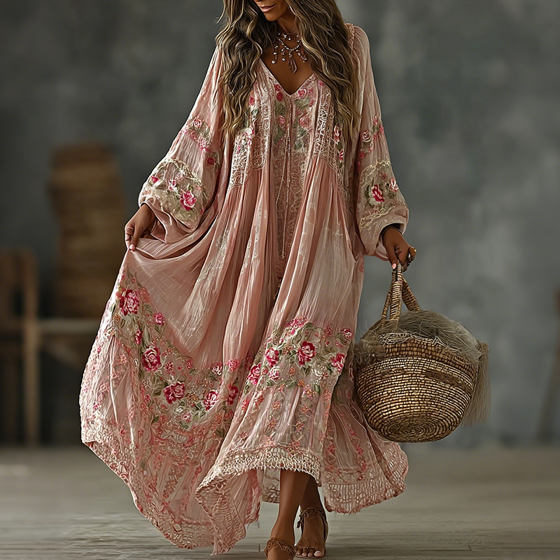 Women's Vintage Floral Art Flowy Linen Blend Casual V Neck Long Sleeve Maxi Dress