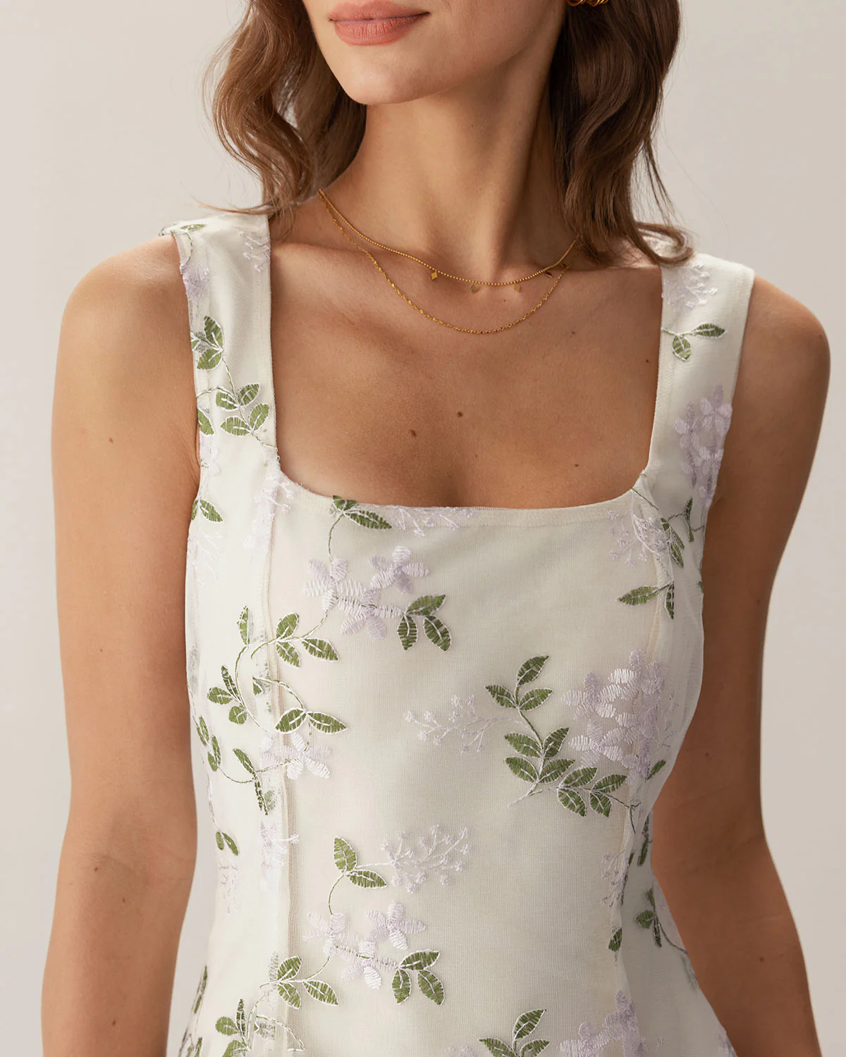 Beige Square Neck Embroidery Slit Slip Mini Dress