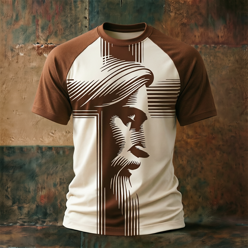 Men's Christian Faith T-Shirt: Jesus Portrait and Cross Print