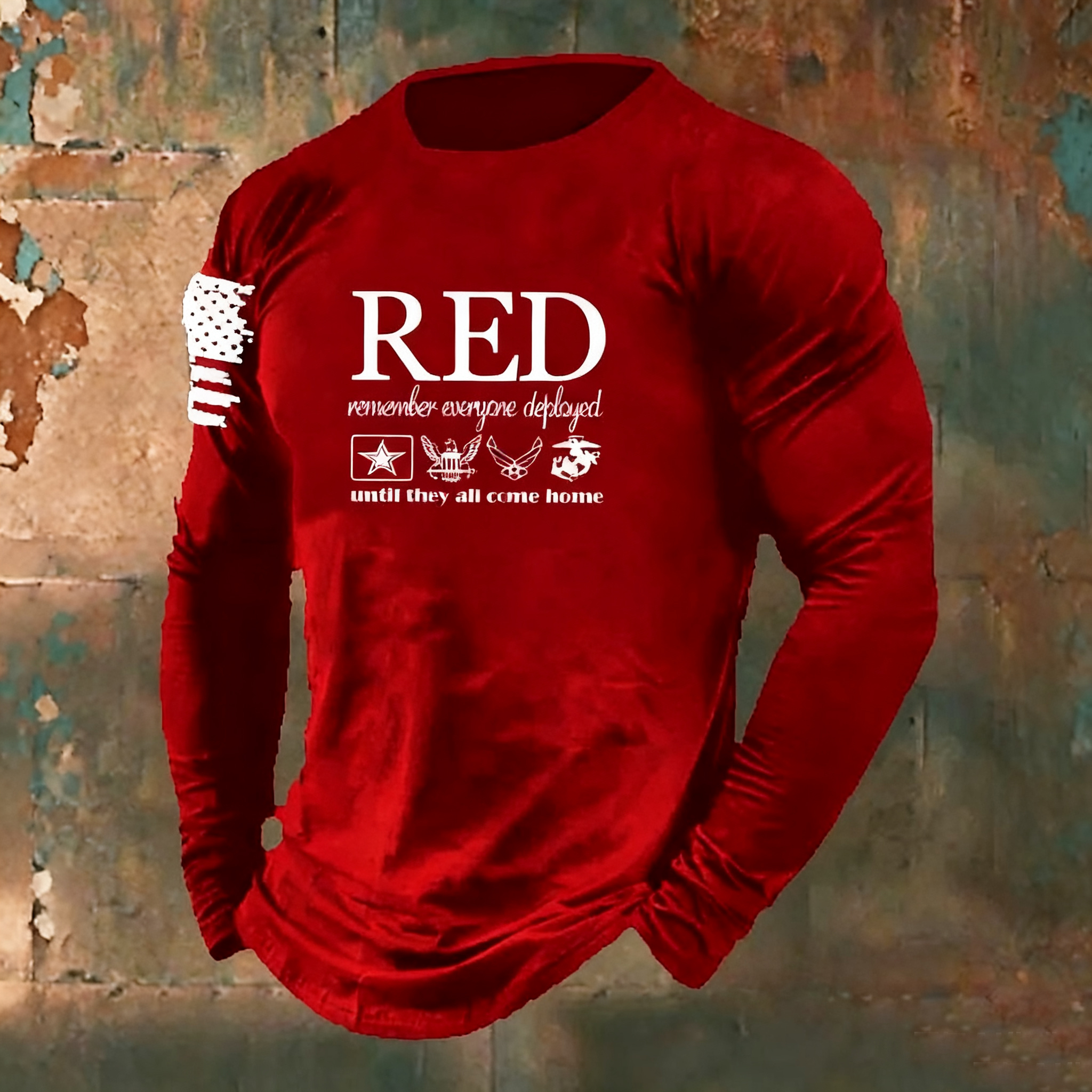 Men'S Red Remember Everyone Deployed Until They All Come Home Pattern Long Sleeve 100% Cotton T-Shirt
