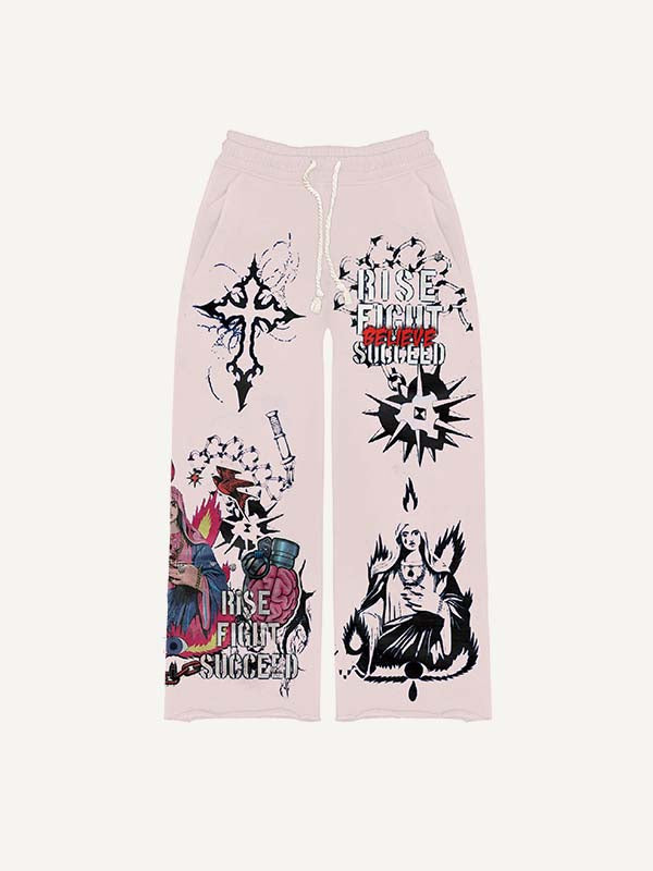 Mary&Cross&Graphic&Letter Print Elastic Waist Pants
