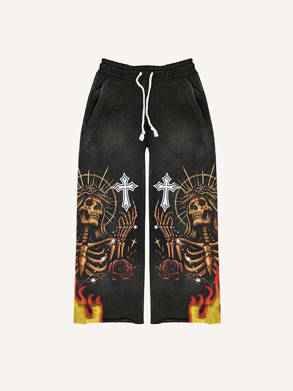 Skeleton&Wing&Cross&Fire&Floral Print Elastic Waist Pants