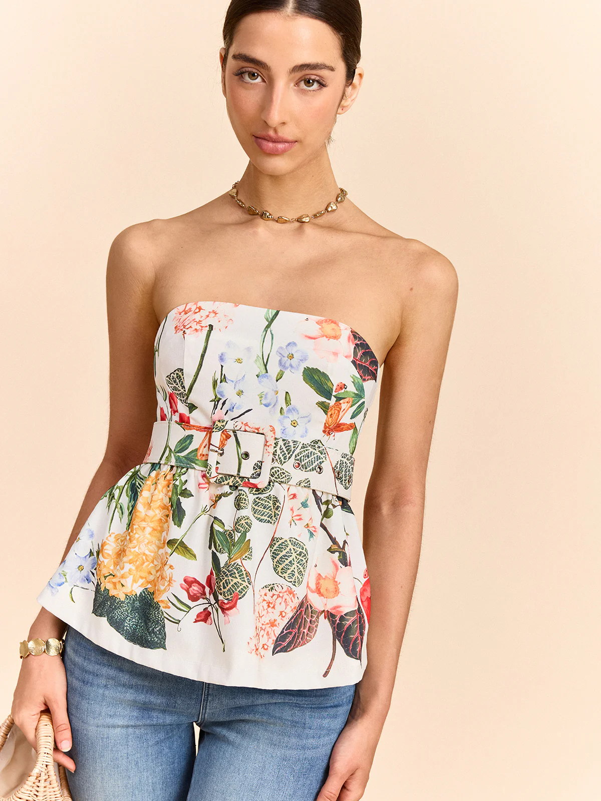 Floral Print Strapless Peplum Top With Belt